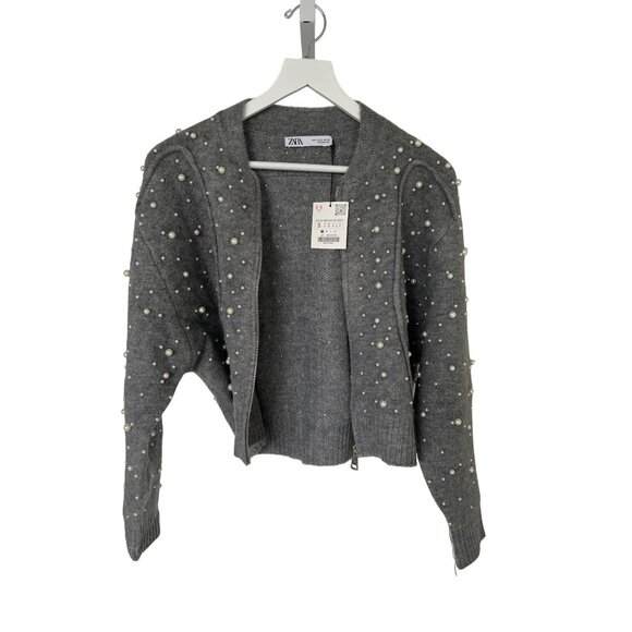 Zara Grey Pearl-Embellished Bomber Zip Cardigan - Picture 8 of 10